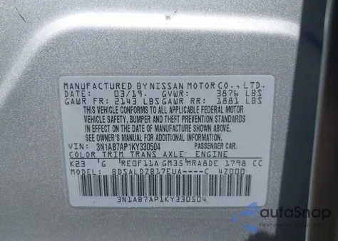 2019 Nissan Sentra Sv из США, поврежденный, VIN 3N1AB7AP1KY330504